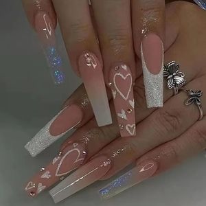 Press On Nails Pink With Glitter Hearts And Rhinestones
